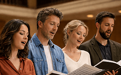 Shows members of the public singing with Chester Music Society